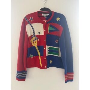 Vintage Women's‎ Large Doncaster Nautical Themed Cardigan Sweater Anchor Stars